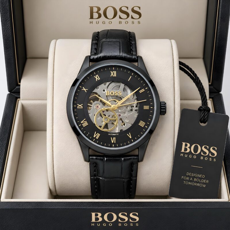 Boss Automatic Skeleton Genuine Leather Finish Black Strap