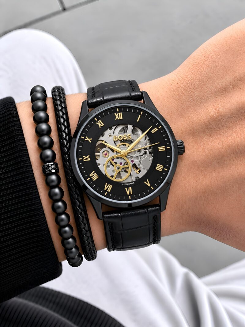 Boss Automatic Skeleton Genuine Leather Finish Black Strap