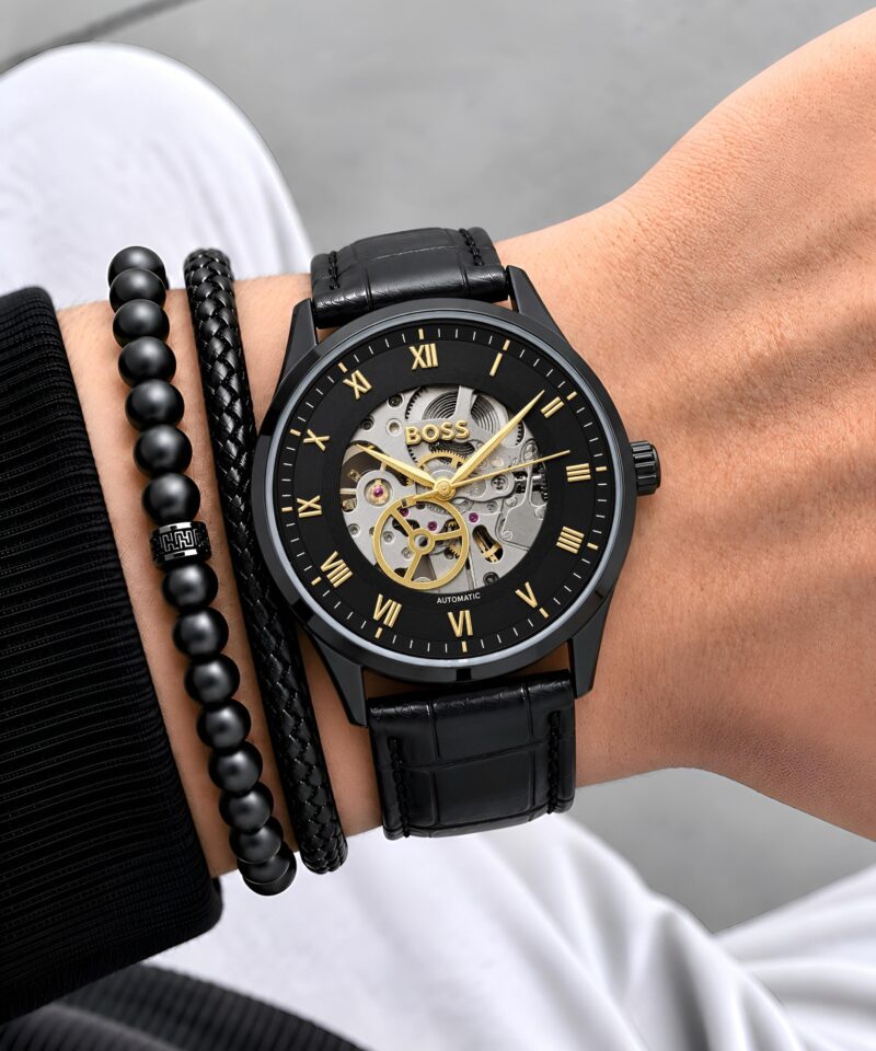 Boss Automatic Skeleton Genuine Leather Finish Black Strap