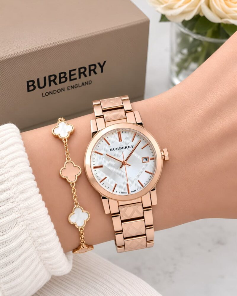 Burberry For Her Patent textured gradient colour white rosegold dial