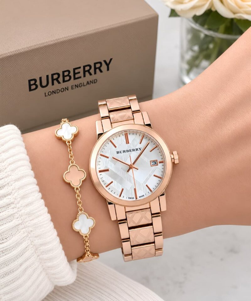 Burberry For Her Patent textured gradient colour white rosegold dial