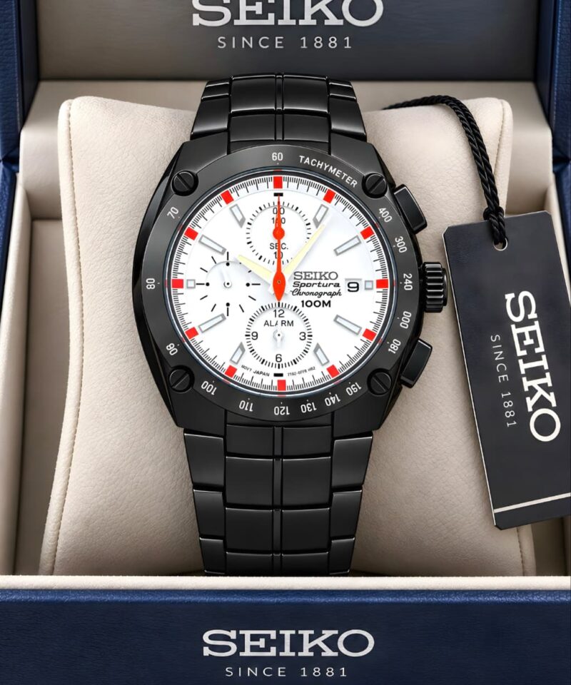 Seiko Sporty White Dial Black Stainless Steel Case