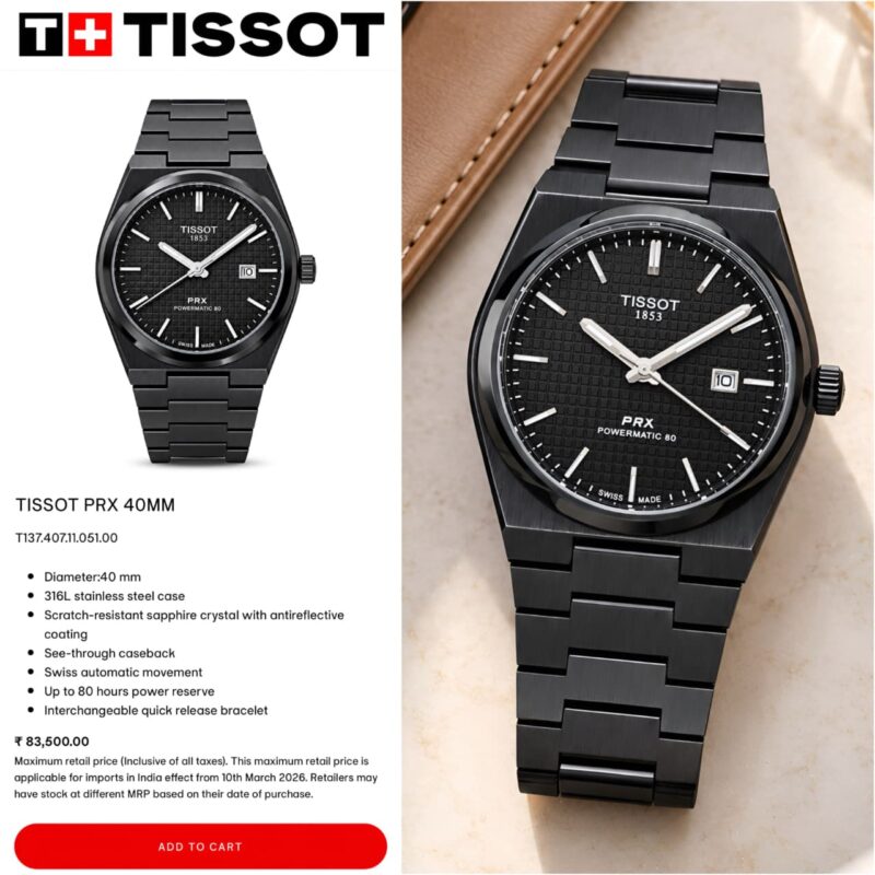 Tissot PRX Z-Black Brushed stainless steel case watch