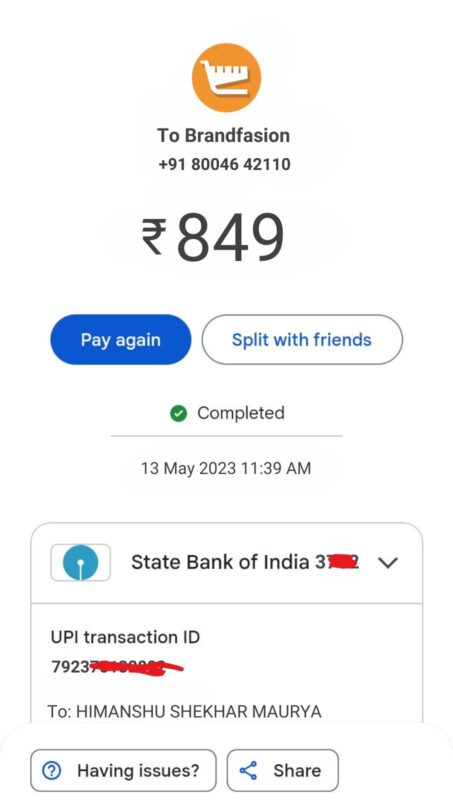 brandfasion customer payment screenshot