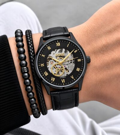 Boss Automatic Skeleton Genuine Leather Finish Black Strap