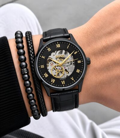 Boss Automatic Skeleton Genuine Leather Finish Black Strap