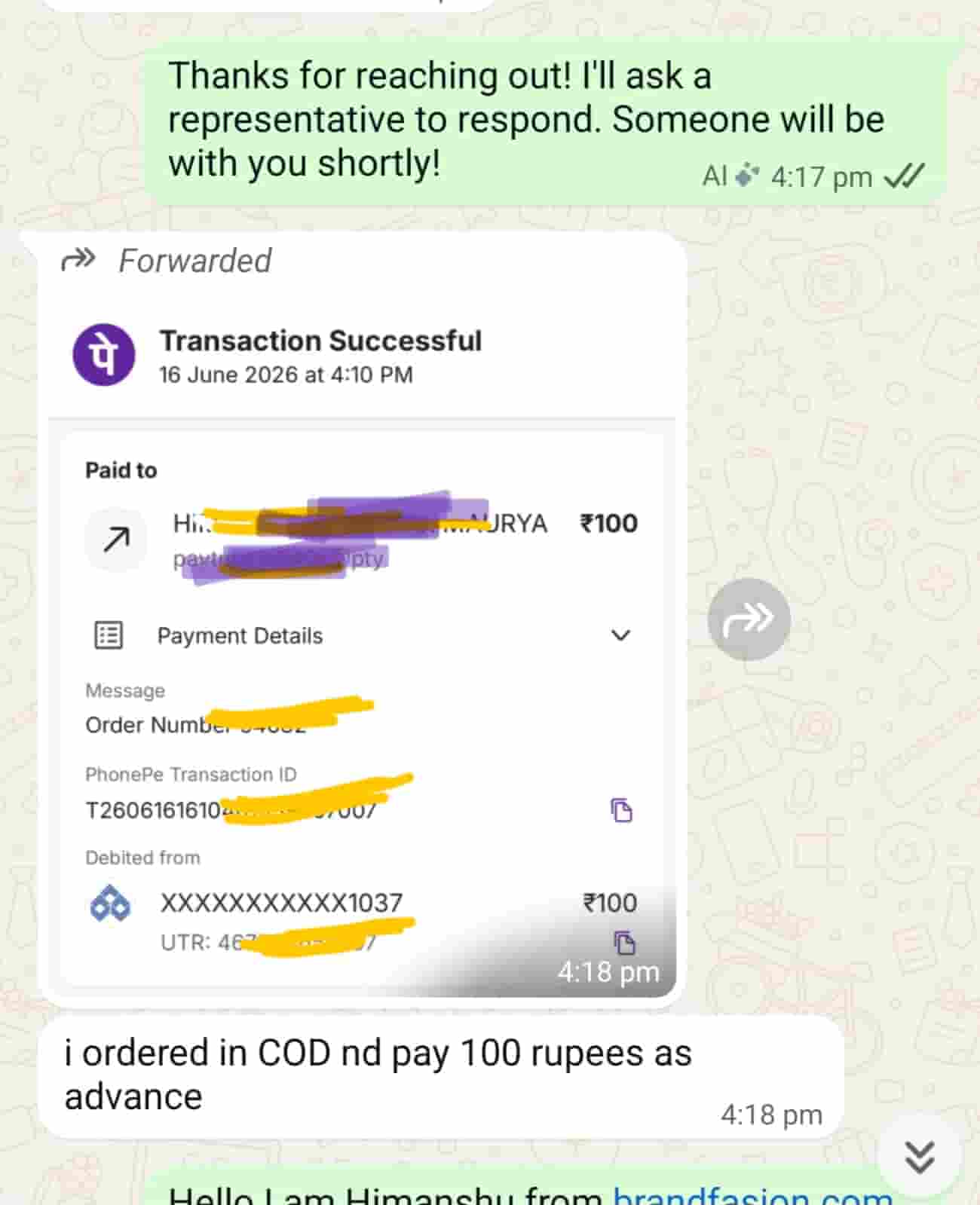 ChronoWatch payment screenshots — UPI, Card, COD
